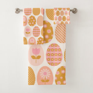 Floral Easter Egg Pattern in Boho Pink Yellow Gold Bath Towel Set
