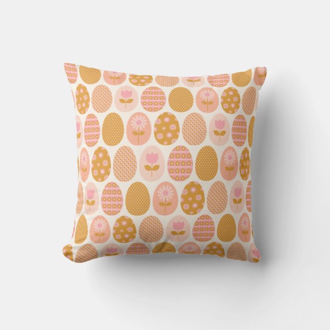 Floral Easter Egg Pattern in Boho Pink Yellow Gold Cushion (Front)
