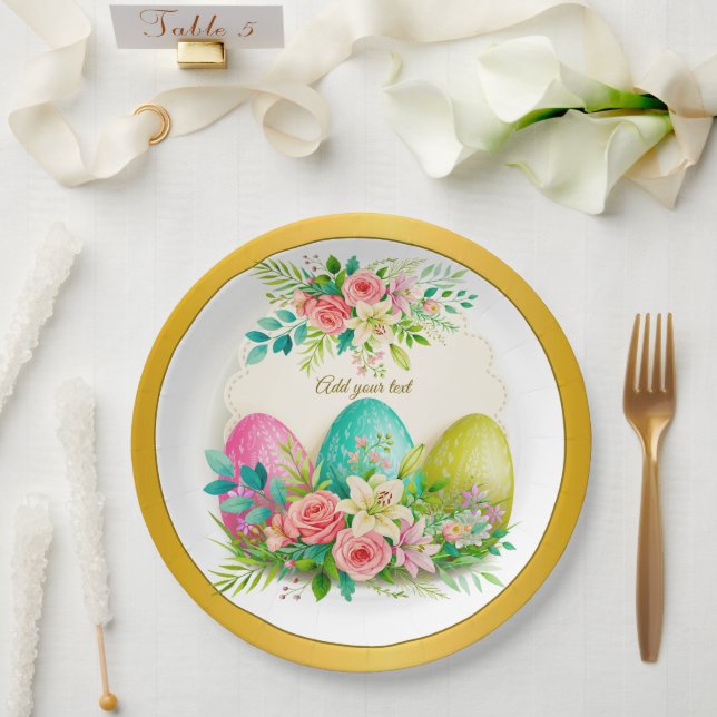 Floral Easter Eggs & Pink Roses Personalized Party Paper Plate (Wedding)