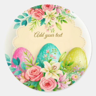 Floral Easter Eggs & Spring Roses Personalised Classic Round Sticker