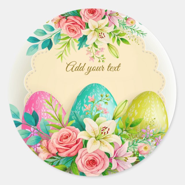 Floral Easter Eggs & Spring Roses Personalized Classic Round Sticker (Front)