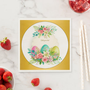 Floral Easter Eggs & Watercolor Pink Roses Napkin