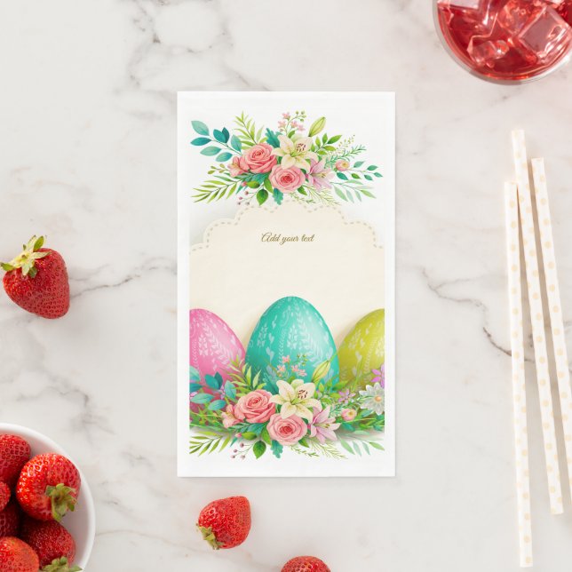 Floral Easter Eggs & Watercolor Pink Roses Napkin (Insitu)