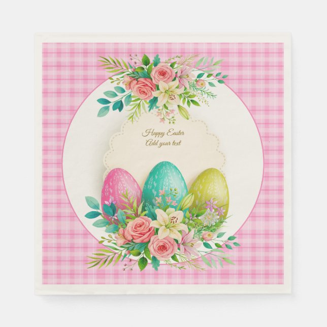 Floral Easter Eggs & Watercolor Pink Roses Napkin (Front)