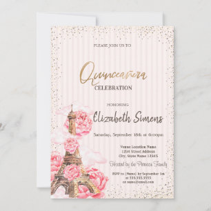 Floral Eiffel Tower Confetti Striped Quinceañera Invitation