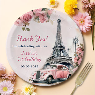 Floral Eiffel Tower Paris 1st Birthday Party Paper Plate