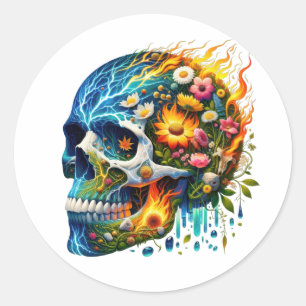 Floral Electric Inferno Skull Classic Round Sticker