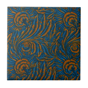 Floral Elegance Blue & Gold, Arts & Crafts Design Ceramic Tile