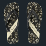 Floral Elegance Flip Flops - Customise<br><div class="desc">Lovely floral leaves theme in delicate light gold pattern over black with diagonal light gold stripe. These flip flop sandals have text areas ready for you to customise or delete.</div>