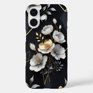Floral Elegance – Matte Black with Gold & Silver iPhone 16 Case