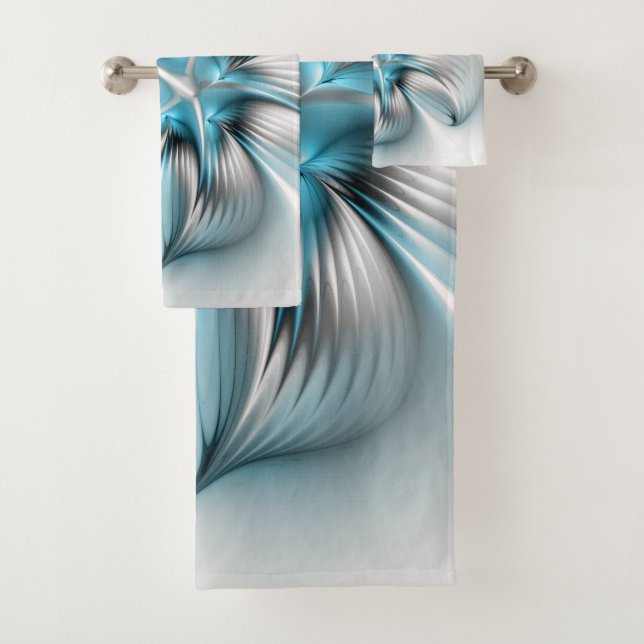 Floral Elegance Modern Abstract Blue Fractal Art Bath Towel Set (Insitu)