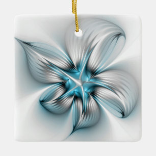 Floral Elegance Modern Abstract Blue Fractal Art Ceramic Ornament