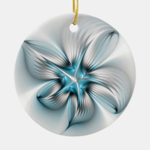 Floral Elegance Modern Abstract Blue Fractal Art Ceramic Ornament