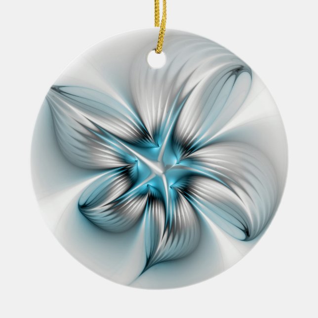 Floral Elegance Modern Abstract Blue Fractal Art Ceramic Ornament (Front)