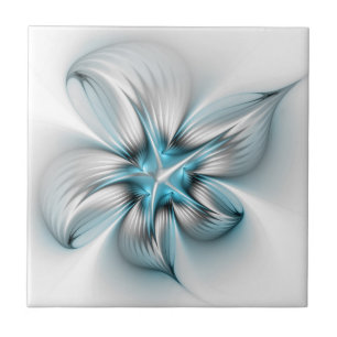 Floral Elegance Modern Abstract Blue Fractal Art Ceramic Tile