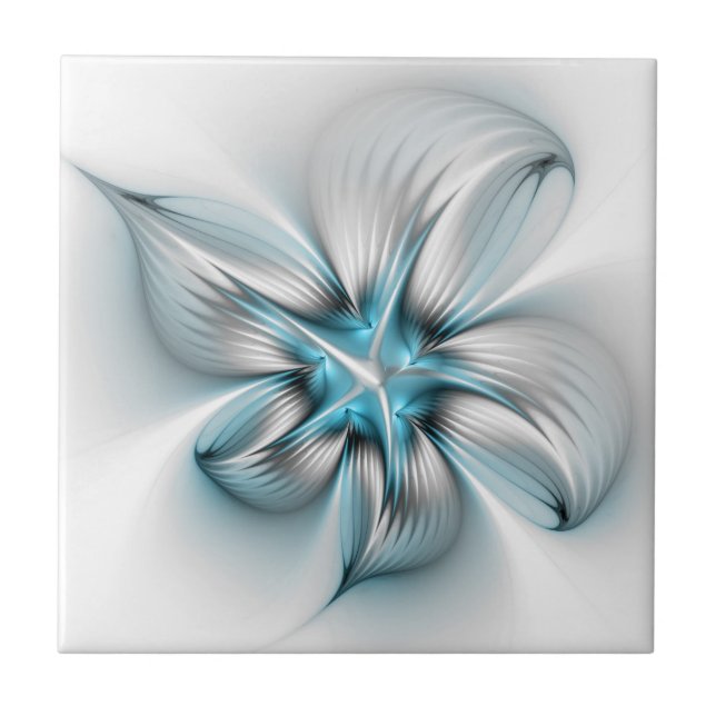 Floral Elegance Modern Abstract Blue Fractal Art Ceramic Tile (Front)