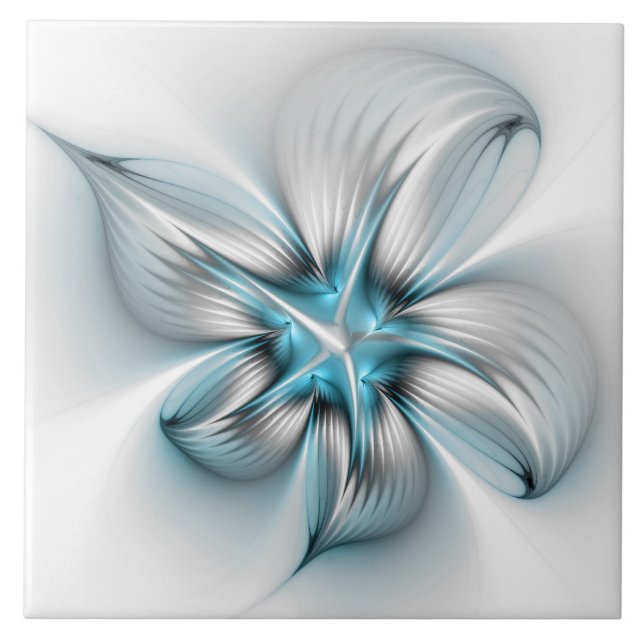 Floral Elegance Modern Abstract Blue Fractal Art Ceramic Tile (Front)