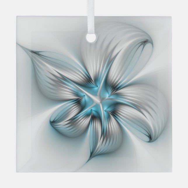 Floral Elegance Modern Abstract Blue Fractal Art Glass Tree Decoration (Front)