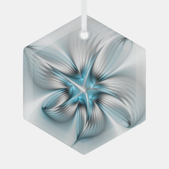 Floral Elegance Modern Abstract Blue Fractal Art Glass Tree Decoration (Front)