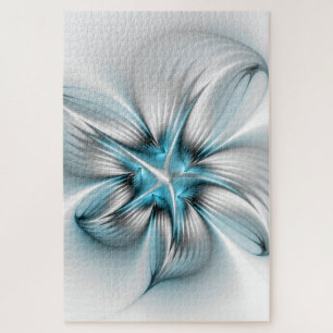 Floral Elegance Modern Abstract Blue Fractal Art Jigsaw Puzzle