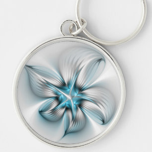 Floral Elegance Modern Abstract Blue Fractal Art Key Ring