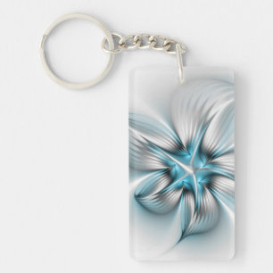 Floral Elegance Modern Abstract Blue Fractal Art Key Ring