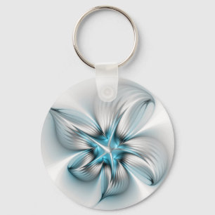 Floral Elegance Modern Abstract Blue Fractal Art Key Ring
