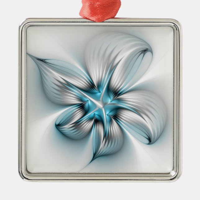 Floral Elegance Modern Abstract Blue Fractal Art Metal Ornament (Front)