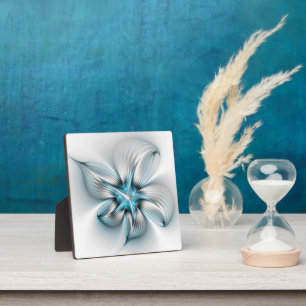 Floral Elegance Modern Abstract Blue Fractal Art Plaque