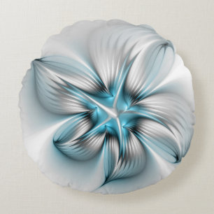 Floral Elegance Modern Abstract Blue Fractal Art Round Cushion