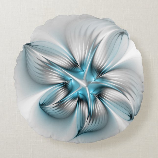 Floral Elegance Modern Abstract Blue Fractal Art Round Cushion (Front)