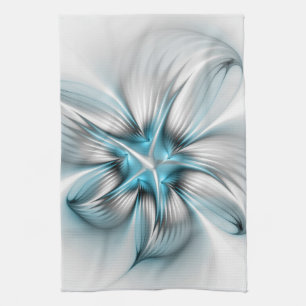 Floral Elegance Modern Abstract Blue Fractal Art Tea Towel