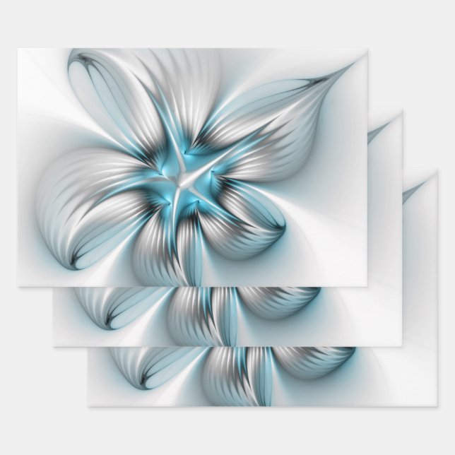 Floral Elegance Modern Abstract Blue Fractal Art Wrapping Paper Sheet (Set)