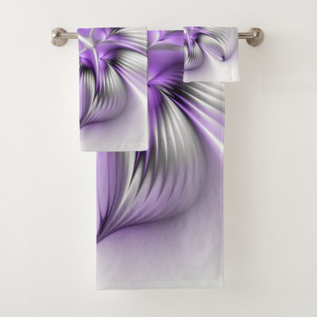 Floral Elegance Modern Abstract Violet Fractal Art Bath Towel Set (Insitu)
