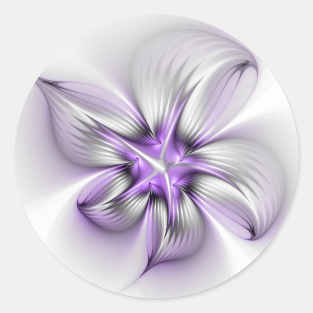 Floral Elegance Modern Abstract Violet Fractal Art Classic Round Sticker (Front)