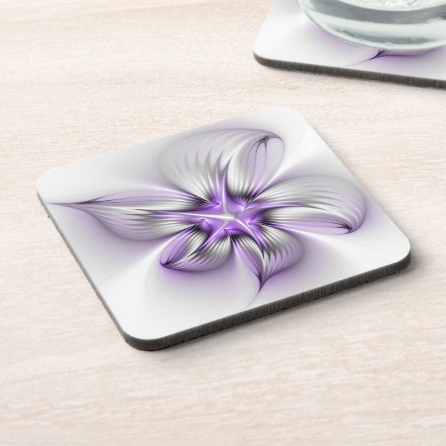 Floral Elegance Modern Abstract Violet Fractal Art Coaster (Left Side)