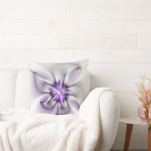 Floral Elegance Modern Abstract Violet Fractal Art Cushion