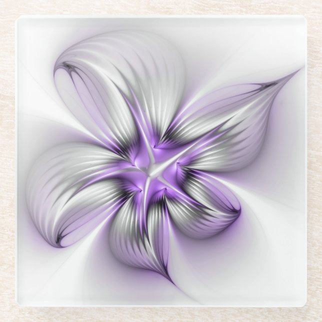 Floral Elegance Modern Abstract Violet Fractal Art Glass Coaster (Front)