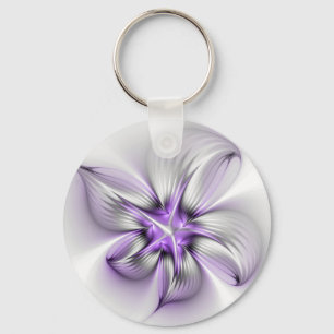 Floral Elegance Modern Abstract Violet Fractal Art Key Ring