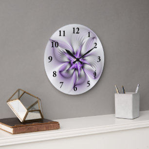 Floral Elegance Modern Abstract Violet Fractal Art Large Clock