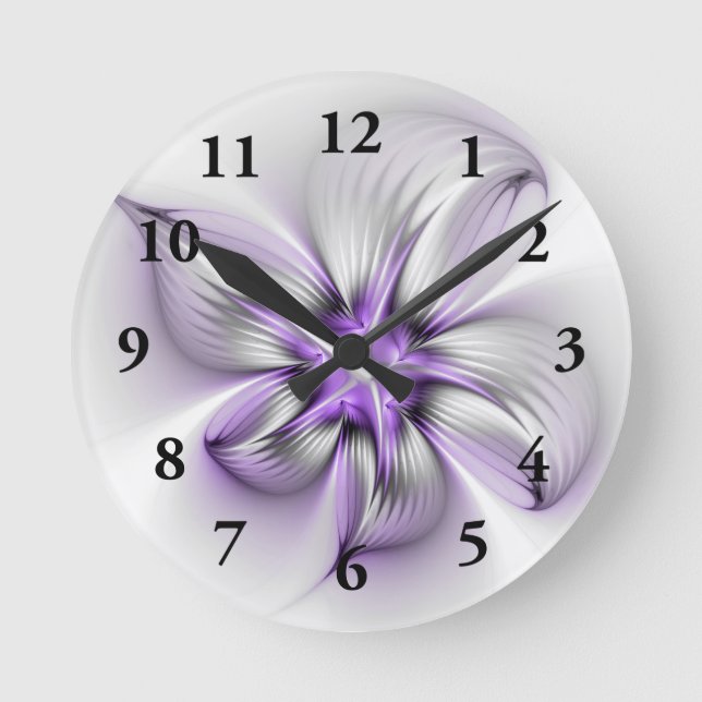 Floral Elegance Modern Abstract Violet Fractal Art Round Clock (Front)