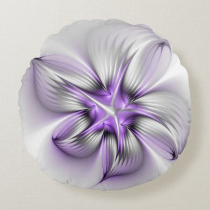 Floral Elegance Modern Abstract Violet Fractal Art Round Cushion