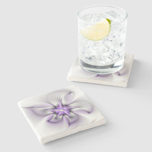 Floral Elegance Modern Abstract Violet Fractal Art Stone Coaster
