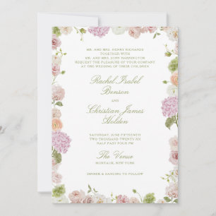 Floral Elegance Pink Green Frame Wedding Invitation