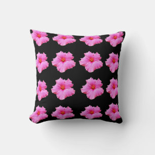 "Floral Elegance: Pink Hibiscus Blooms on Black" Cushion