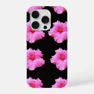 "Floral Elegance: Pink Hibiscus Blooms on Black" iPhone 15 Pro Case