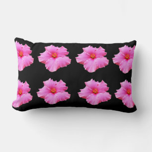 "Floral Elegance: Pink Hibiscus Blooms on Black" Lumbar Cushion