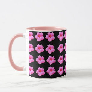 "Floral Elegance: Pink Hibiscus Blooms on Black" Mug