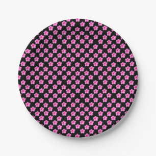"Floral Elegance: Pink Hibiscus Blooms on Black" Paper Plate