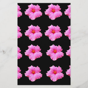 "Floral Elegance: Pink Hibiscus Blooms on Black" Stationery